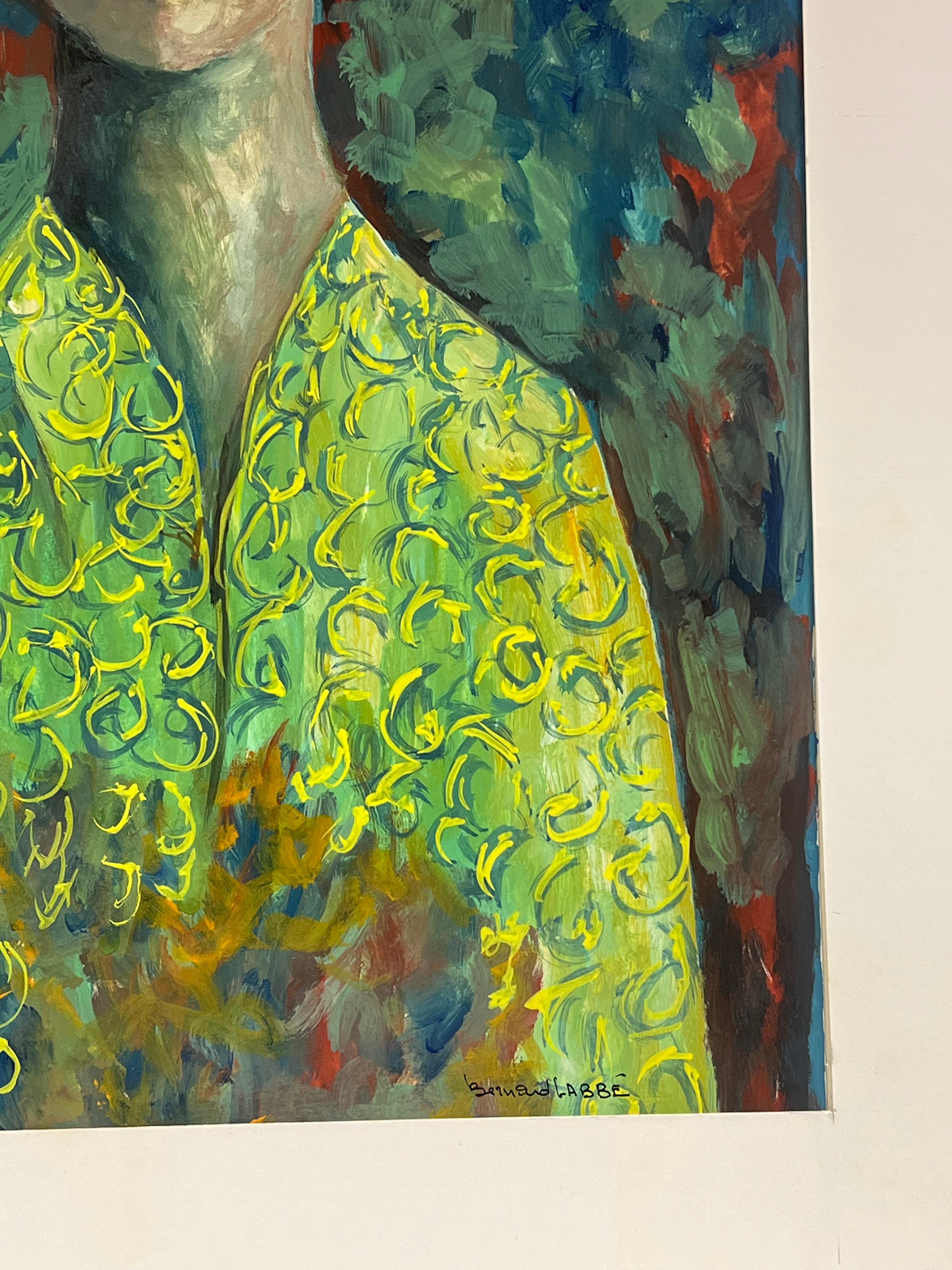 Ritratto simbolista degli anni '50 Giovane figura con mantello verde esotico in vendita 1