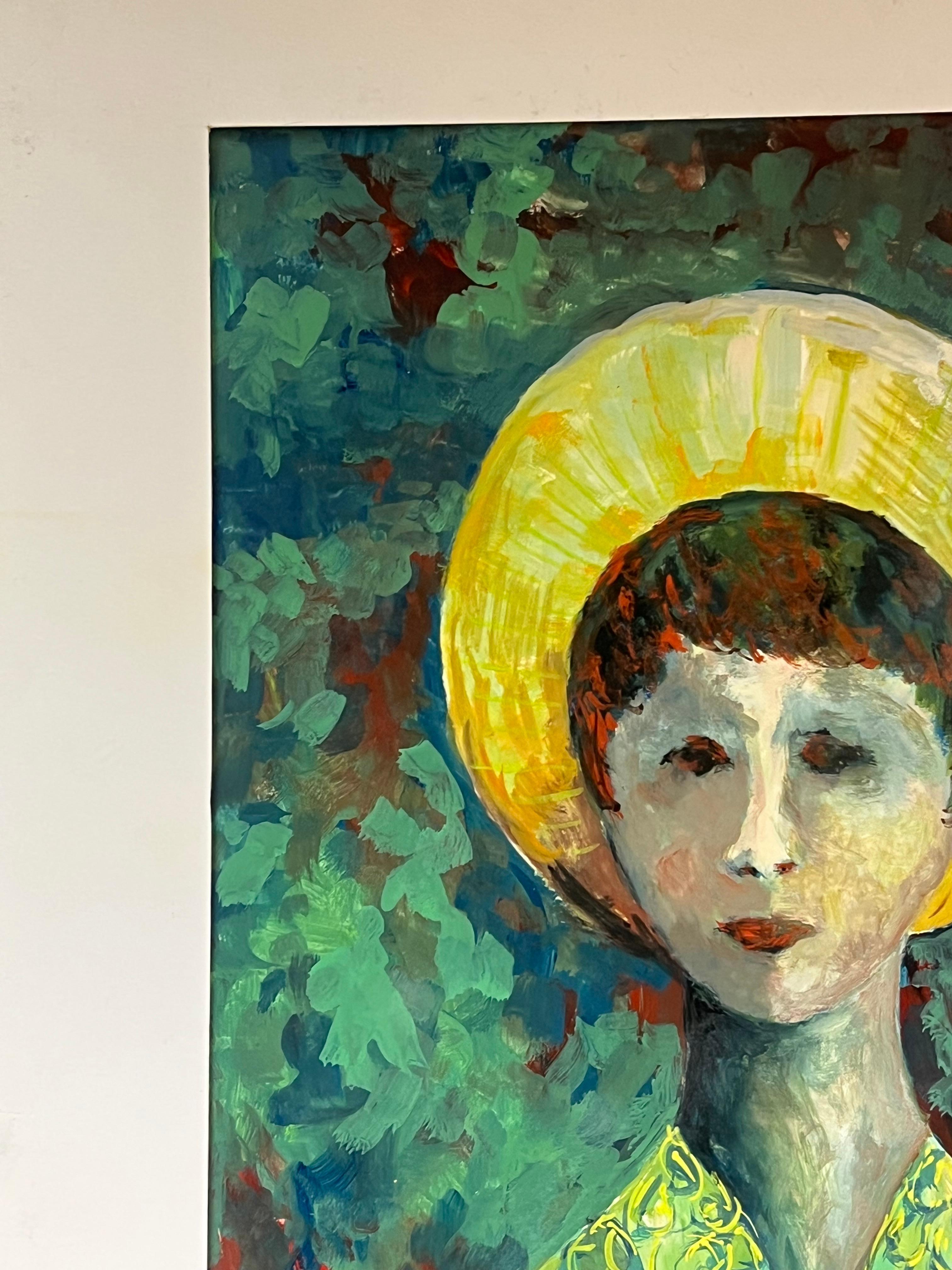 Ritratto simbolista degli anni '50 Giovane figura con mantello verde esotico in vendita 3