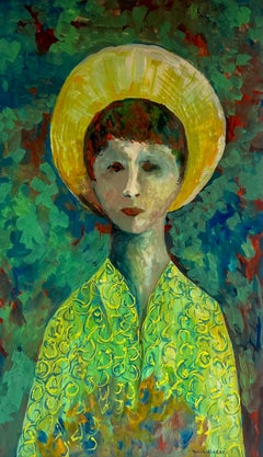 1950's Symbolist Portrait Young Figure in Exotic Green Cloak