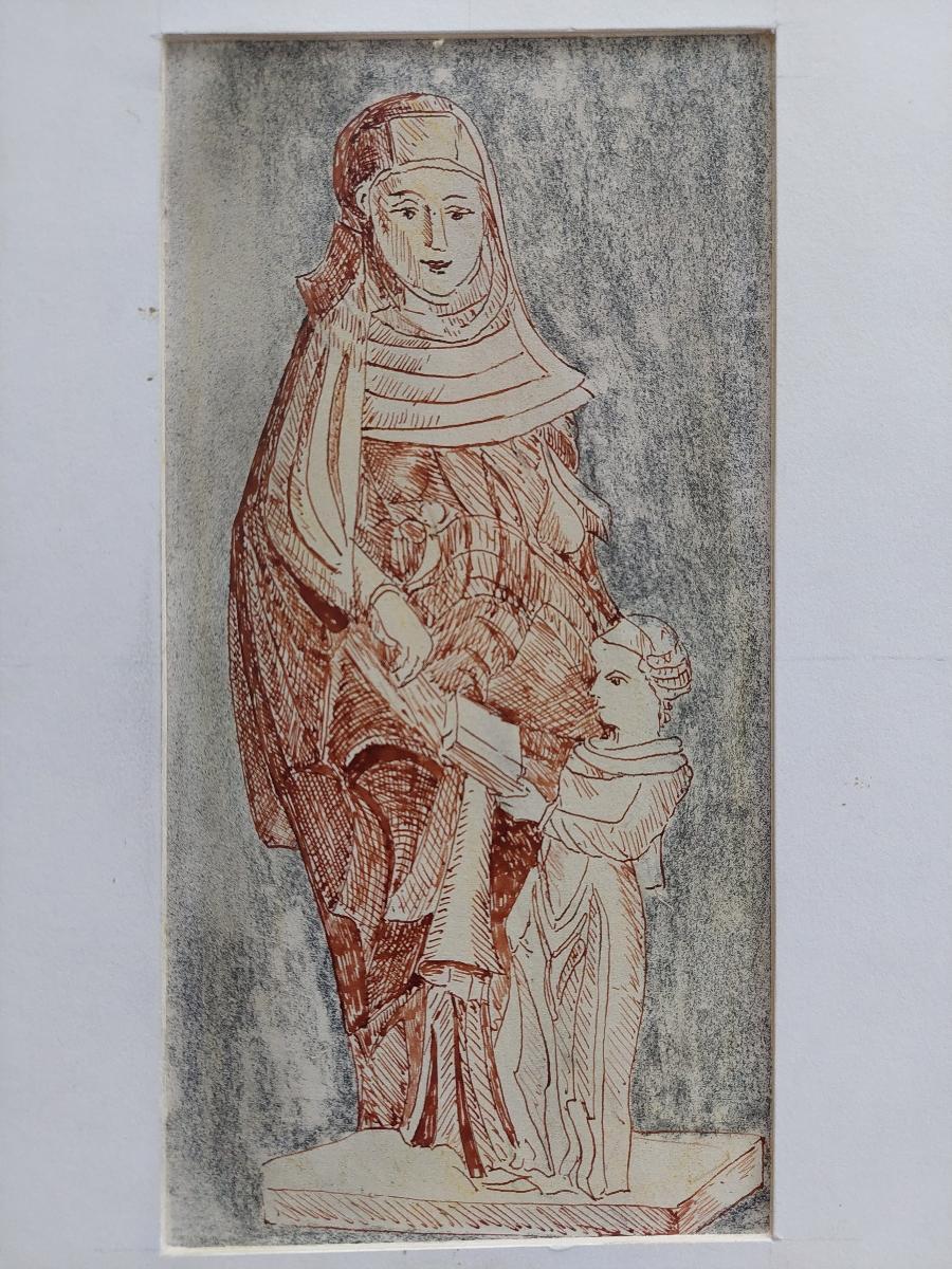 20th Century French Modernist Cubist Ink Sketch, Religious Statue - Gray Figurative Painting by Bernard Labbe