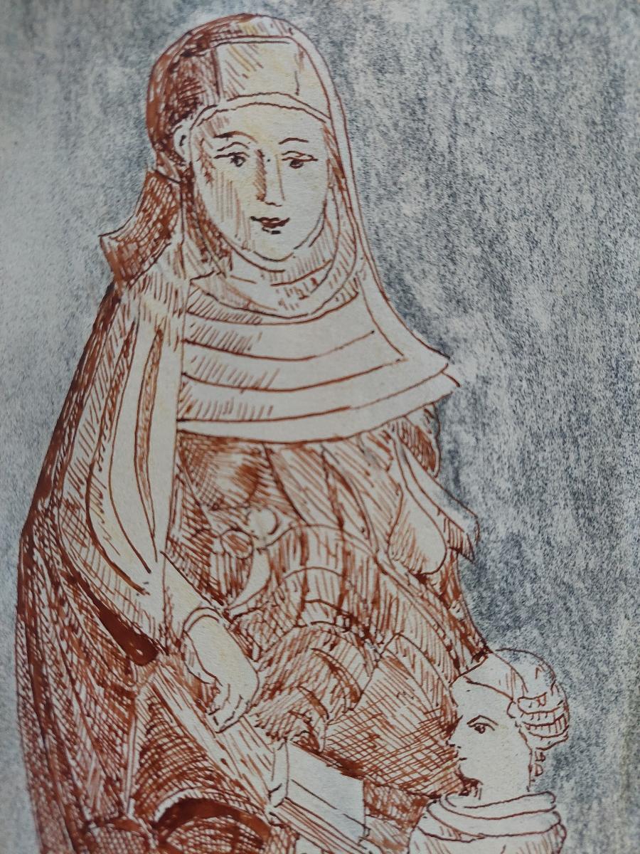Ink study of a religious statue
by Bernard Labbe (French mid 20th century)
original ink and watercolor on paper
image size: 9.5 x 4.75 inches
matting: 13.4 x 8.4 inches
unsigned , stamped verso
condition: very good and ready to be enjoyed, matting