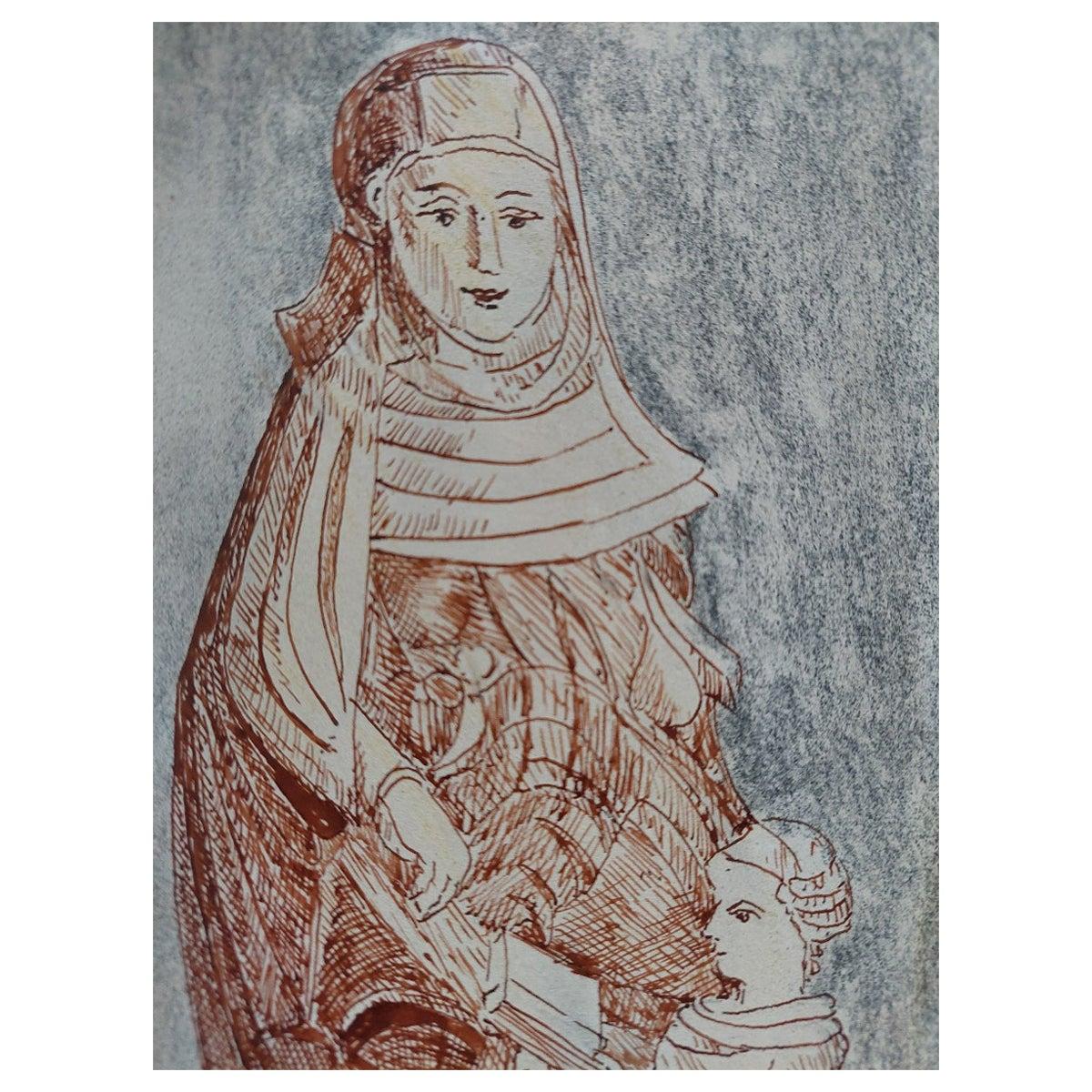 Bernard Labbe Figurative Painting - 20th Century French Modernist Cubist Ink Sketch, Religious Statue