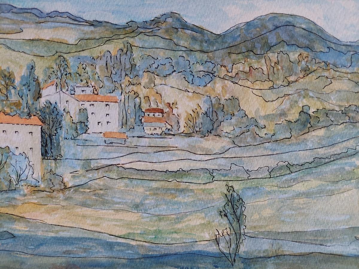 Watercolor and ink panoramic French landscape of Fields below Hills
by Bernard Labbe (French mid 20th century)
original watercolor and ink on paper
image Size: 6.75 x 9.8 inches
sheet: 9.5 x 12.5 inches
unsigned , stamped verso
condition: very good