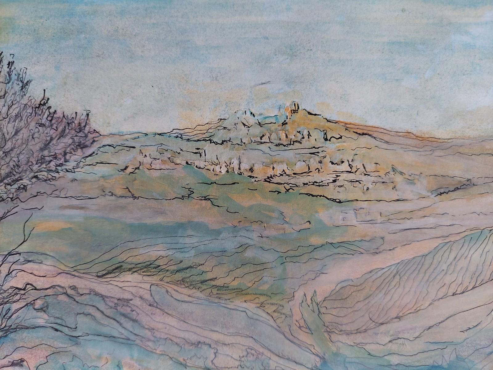 Peinture cubiste moderniste française du 20e siècle, vue panoramique française - Gris Landscape Painting par Bernard Labbe