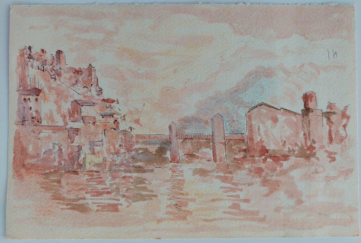 Pintura cubista modernista francesa del siglo XX, Ciudad fluvial francesa - Landscape Painting Gris de Bernard Labbe
