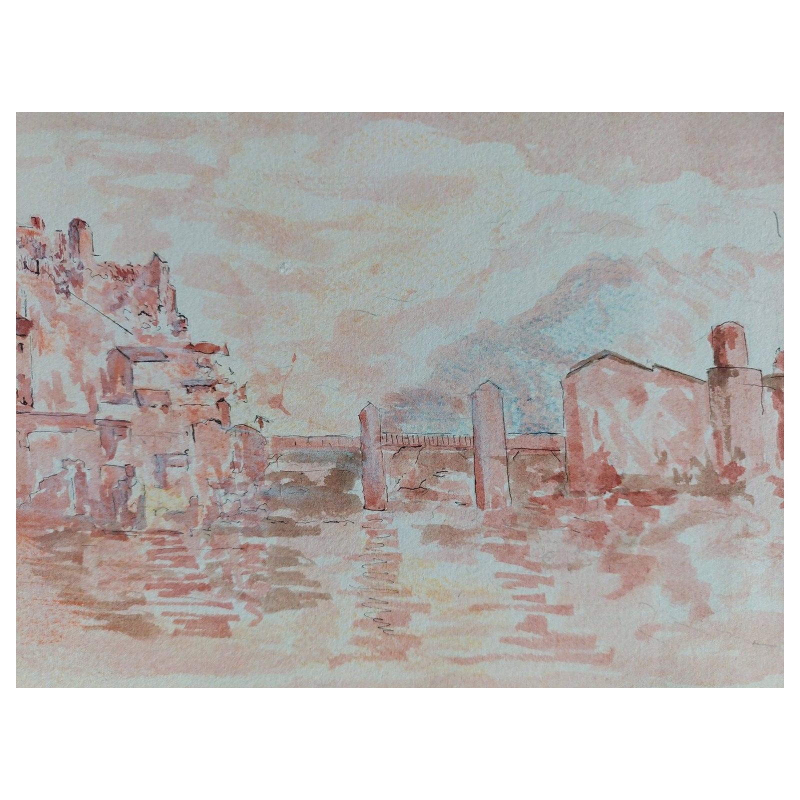 20th Century French Modernist Cubist Painting, French River Town