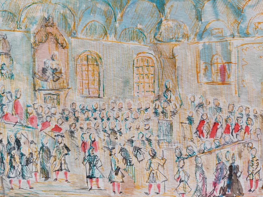 A Grand Town Gathering
by Bernard Labbe (French Mid-20th Century)
Original watercolor, ink and gouache on paper
Size: image 8.25 x 5.4 inches
Size: sheet 13.5 x 10.5 inches
Unsigned, stamped verso
Condition: very good and ready to be enjoyed (paint