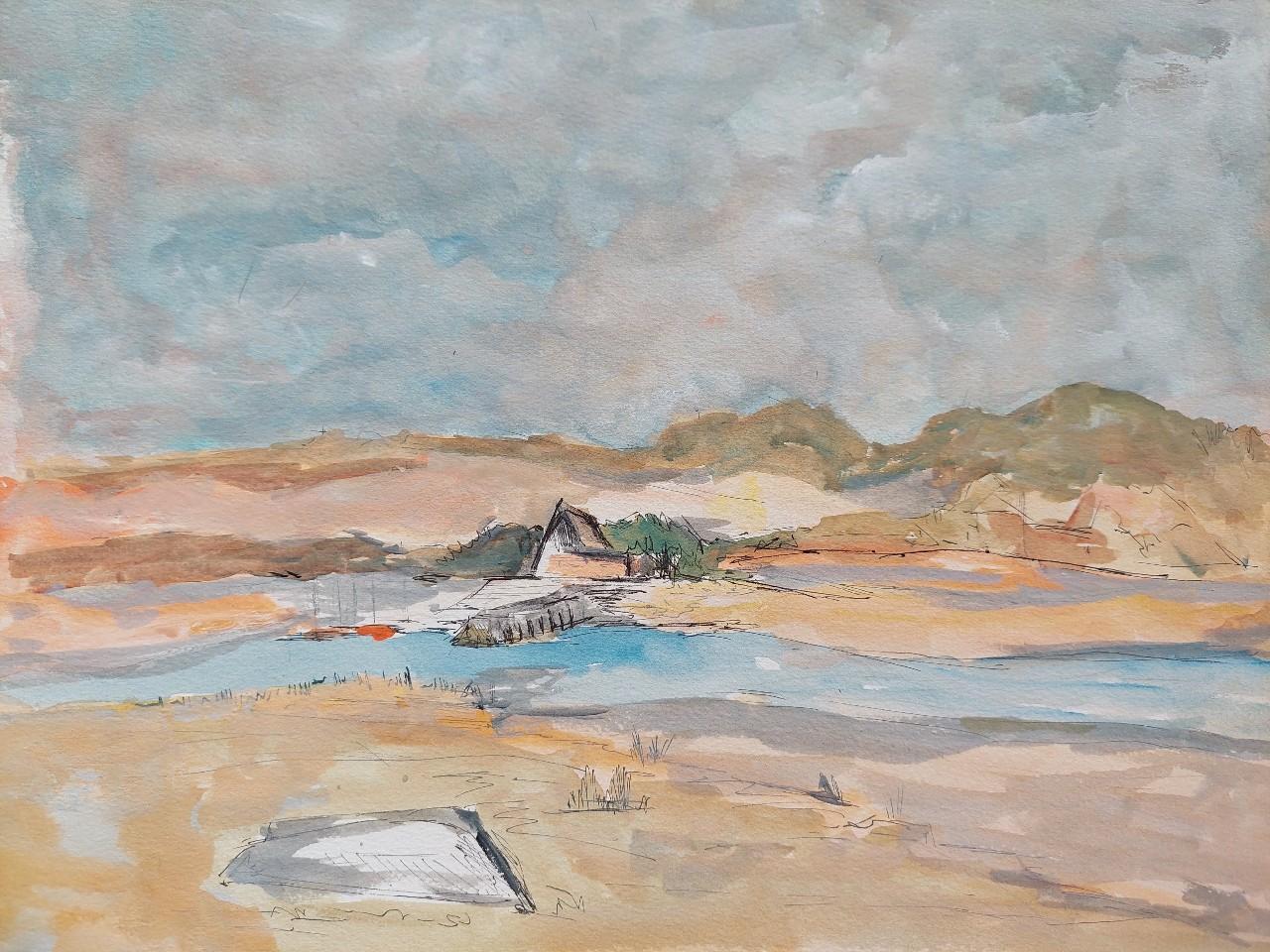 Coastal Summer landscape
by Bernard Labbe (French mid 20th century)
original watercolor and gouache on paper
size: 13.5 x 10.5 inches
unsigned, stamped verso
condition: very good and ready to be enjoyed

provenance: the artists atelier/ studio,