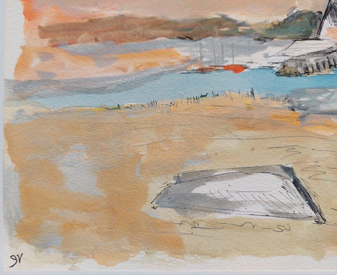 20th Century French Modernist Cubist Painting Labbe, Coastal Landscape For Sale 4