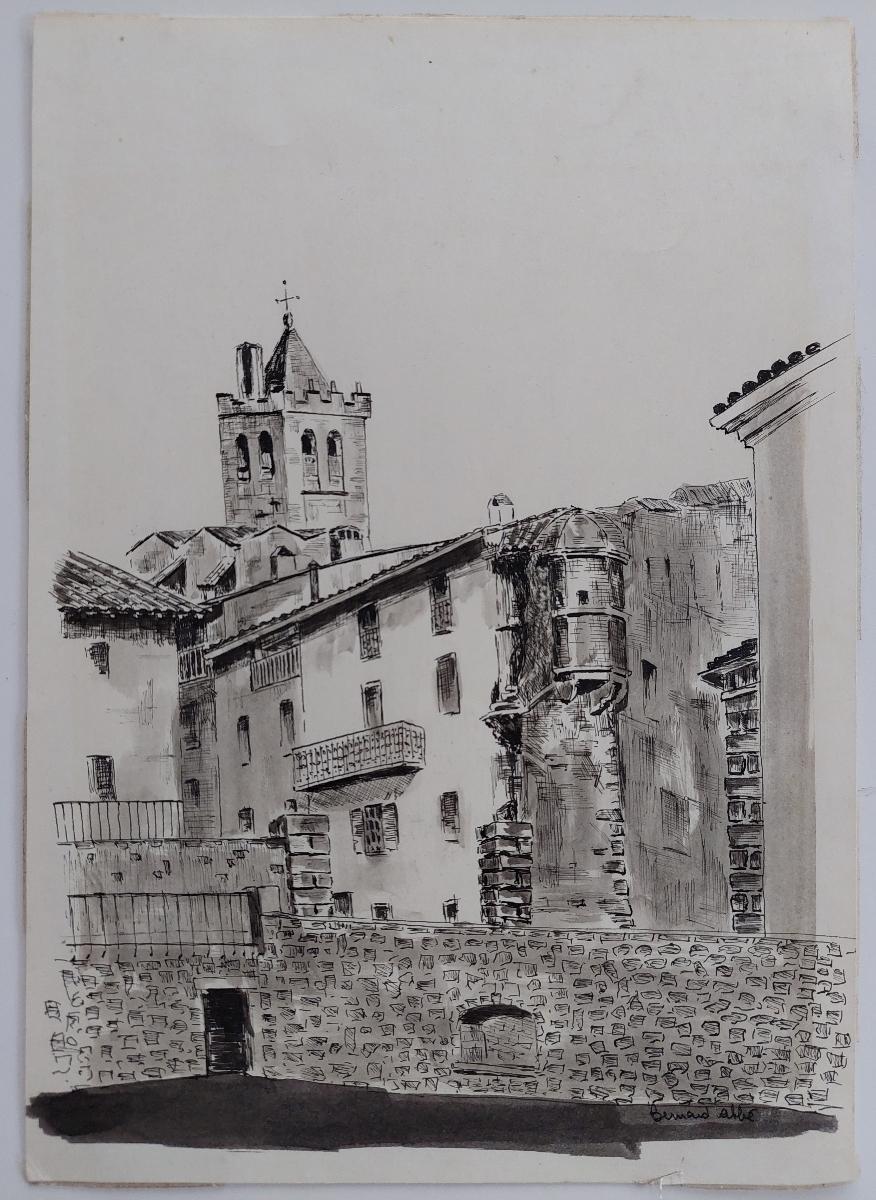 20. Jahrhundert Französisch modernistische kubistische Malerei Labbe, Townes Landscape – Painting von Bernard Labbe