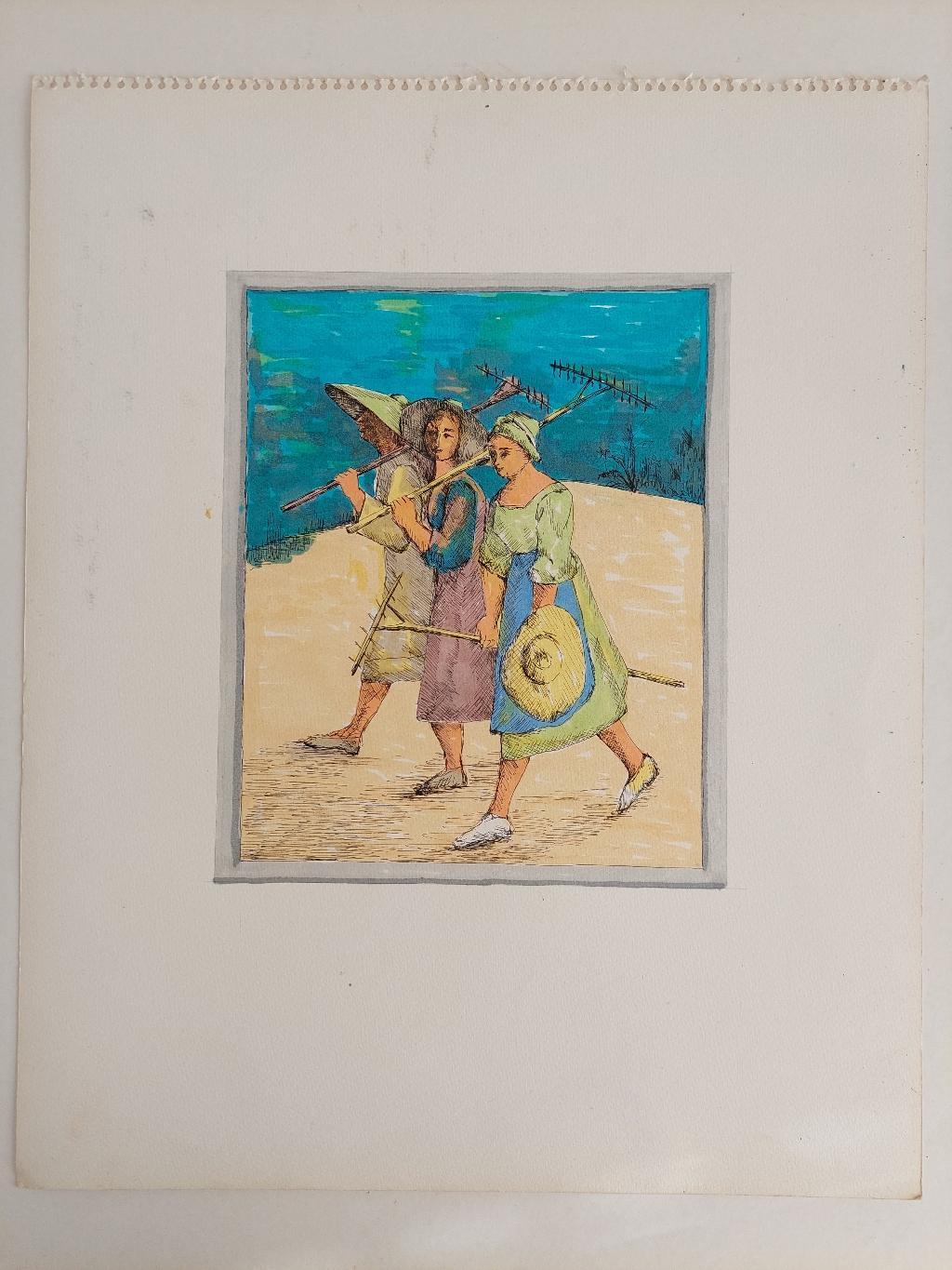 20th Century French Modernist Painting, Farmworkers - Beige Figurative Painting by Bernard Labbe