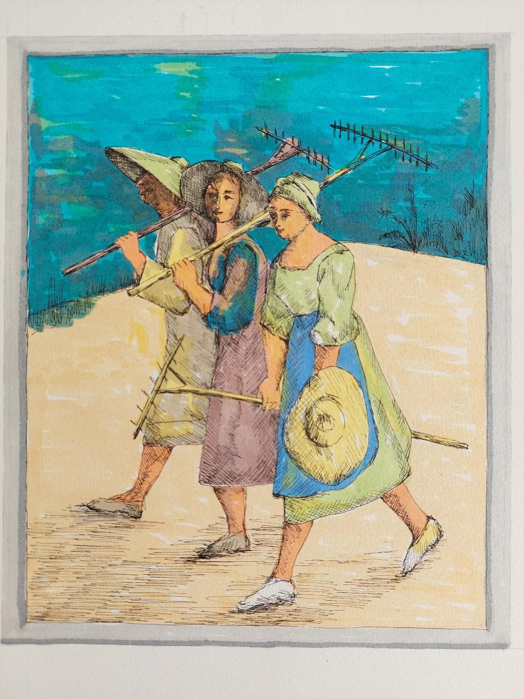 Figures of Farmworkers, Female
by Bernard Labbe (French, active mid-late 20th century)
original gouache, watercolor and ink on artist's heavy paper
size: 9 x 7.5 inches (sheet overall is 15.75 x 13 inches)
condition: very good and ready to be