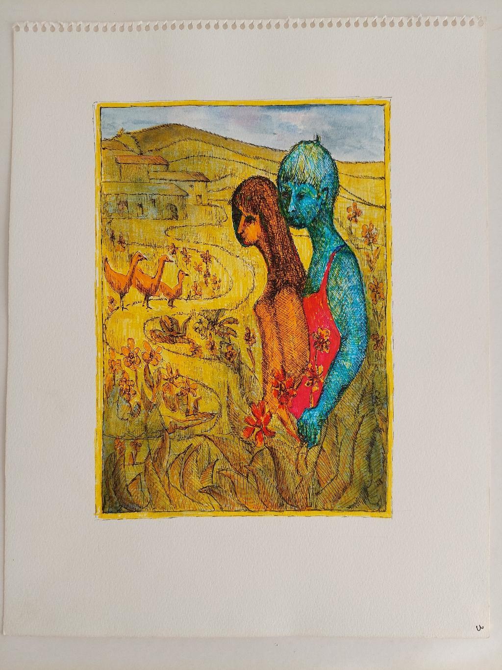 20th Century French Modernist Painting, Figures and Geese, Labbe - Brown Figurative Painting by Bernard Labbe