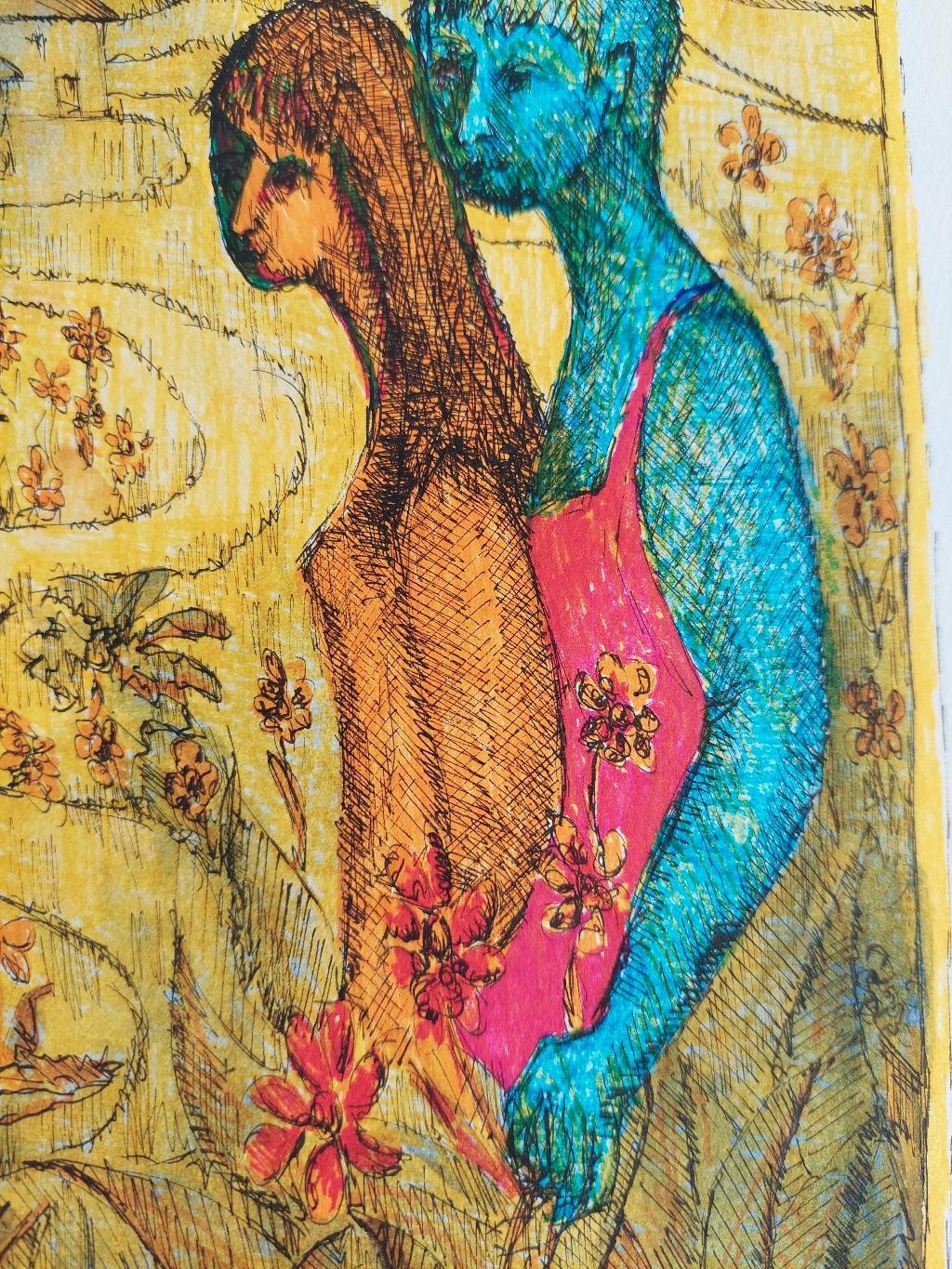 20th Century French Modernist Painting, Figures and Geese, Labbe For Sale 1