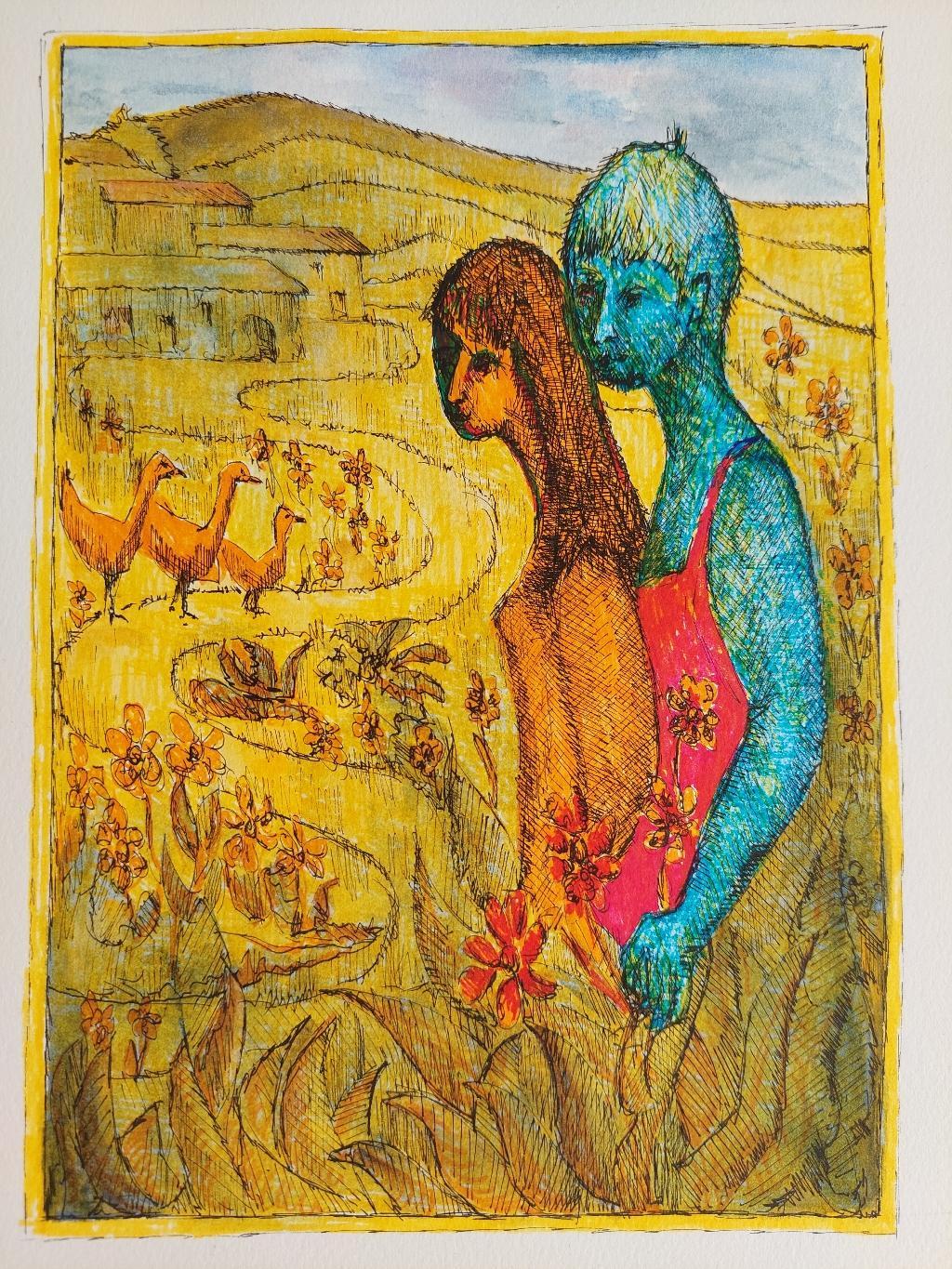 20th Century French Modernist Painting, Figures and Geese, Labbe For Sale 4