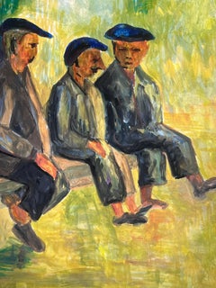 20th Century French Modernist Painting Three Men in Black Beret's on Bench