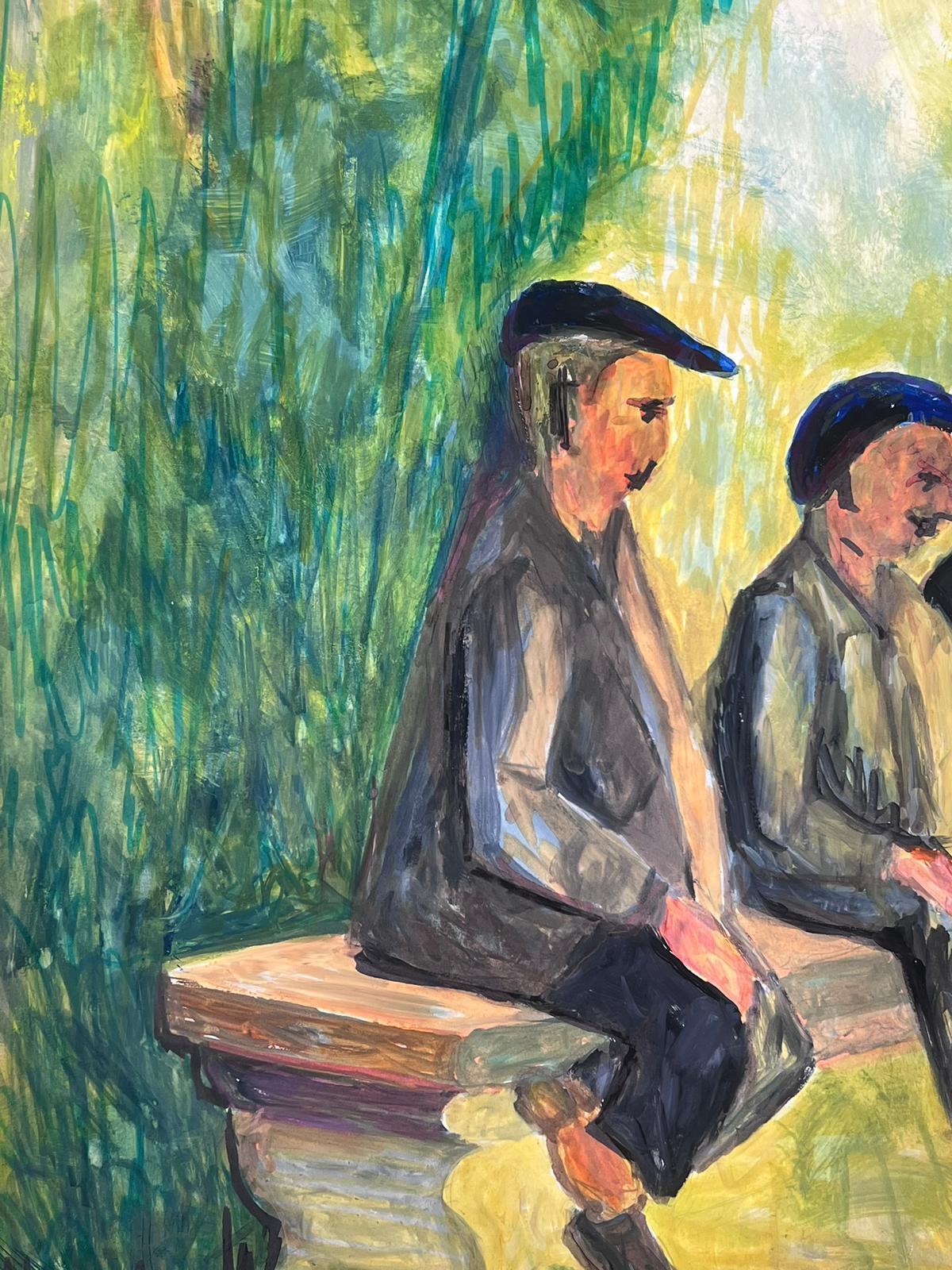 Französisches modernistisches Gemälde des 20. Jahrhunderts, Gemälde Drei Männer in schwarzen Beret's auf Bank (Moderne), Painting, von Bernard Labbe
