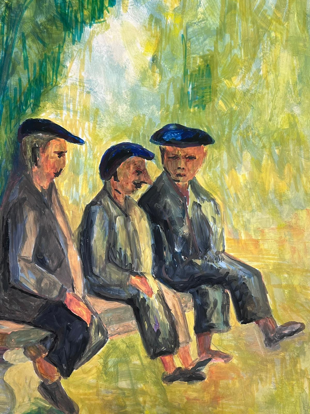 20th Century French Modernist Painting Three Men in Black Beret's on Bench For Sale 2