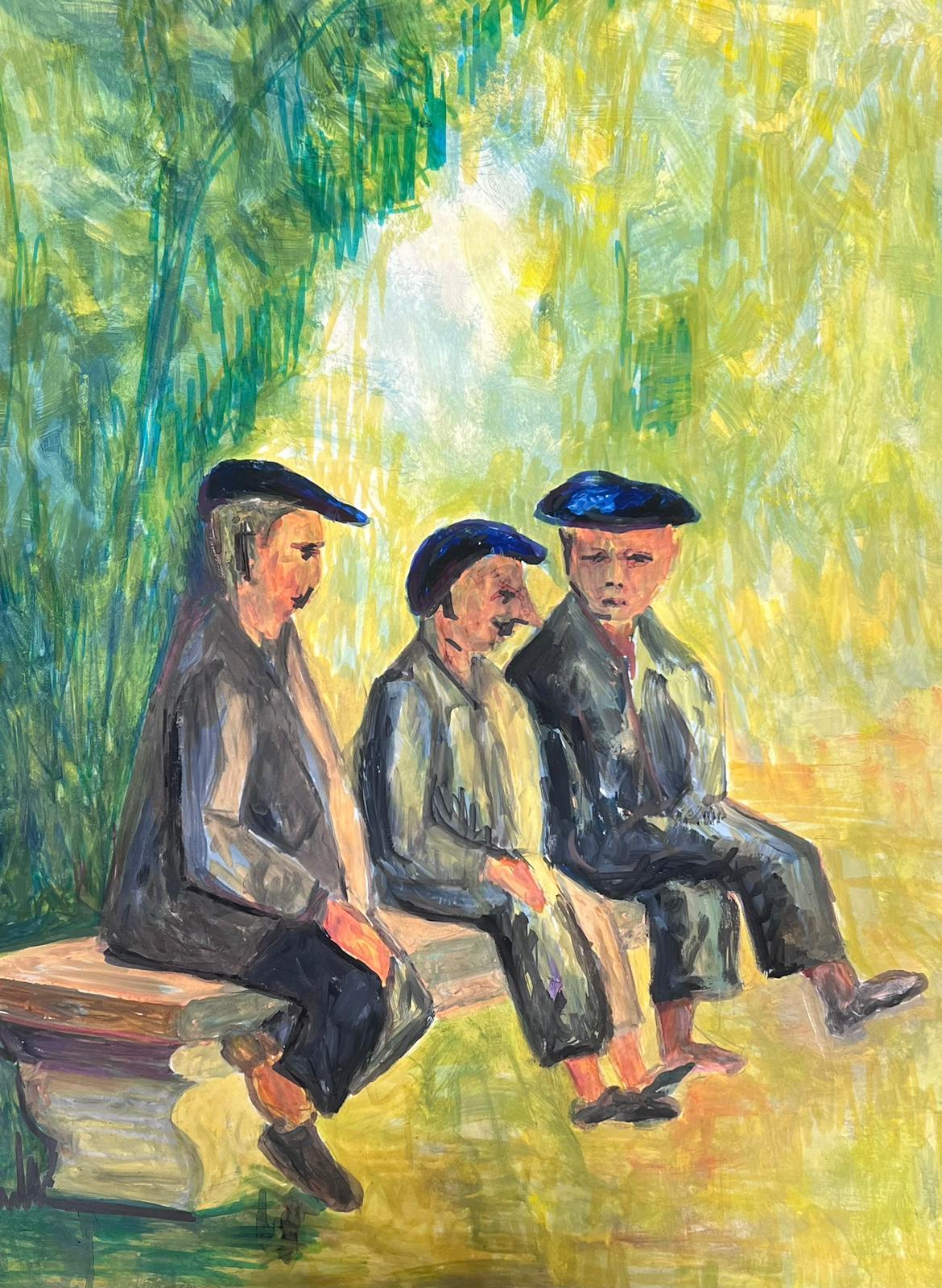 Französisches modernistisches Gemälde des 20. Jahrhunderts, Gemälde Drei Männer in schwarzen Beret's auf Bank im Angebot 1