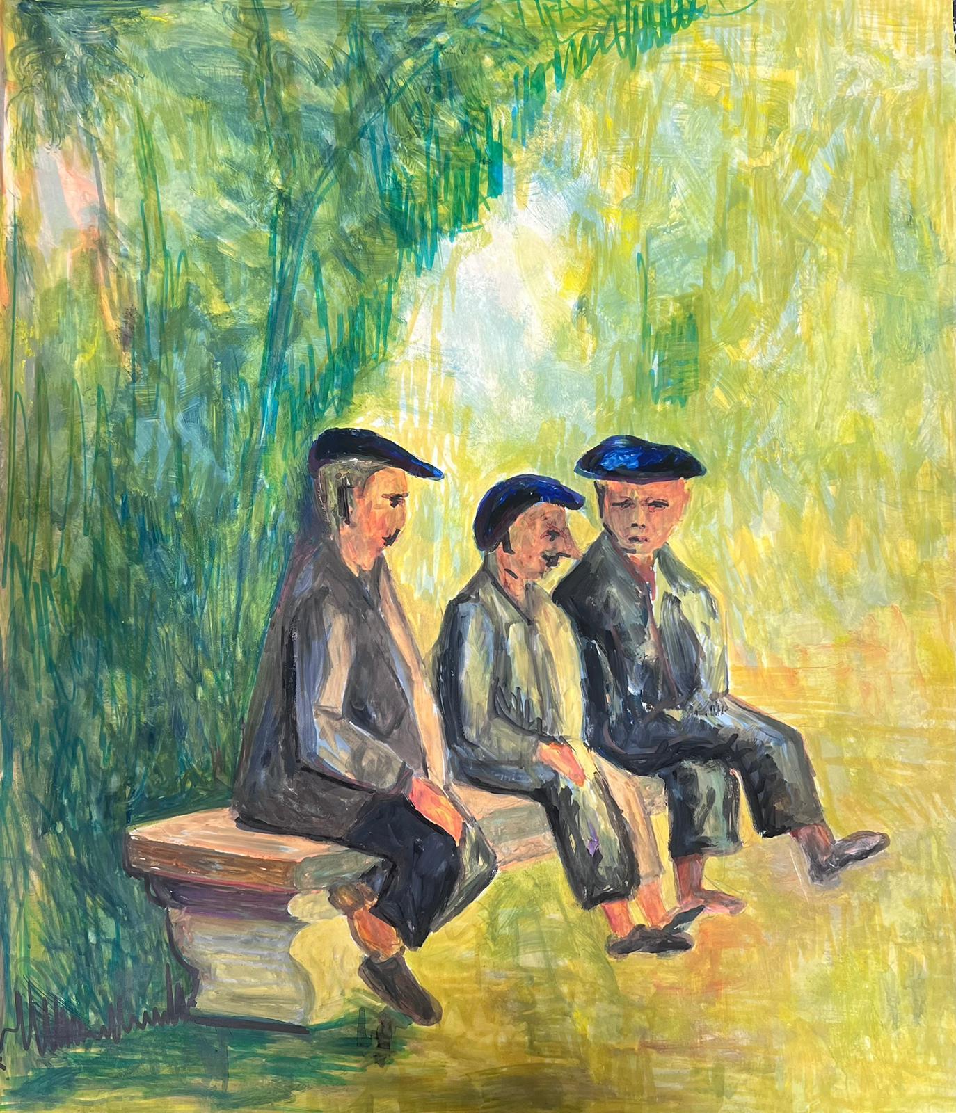 Figurative Painting di Bernard Labbe - Quadro modernista francese del XX secolo Tre uomini con berretto nero su una panchina