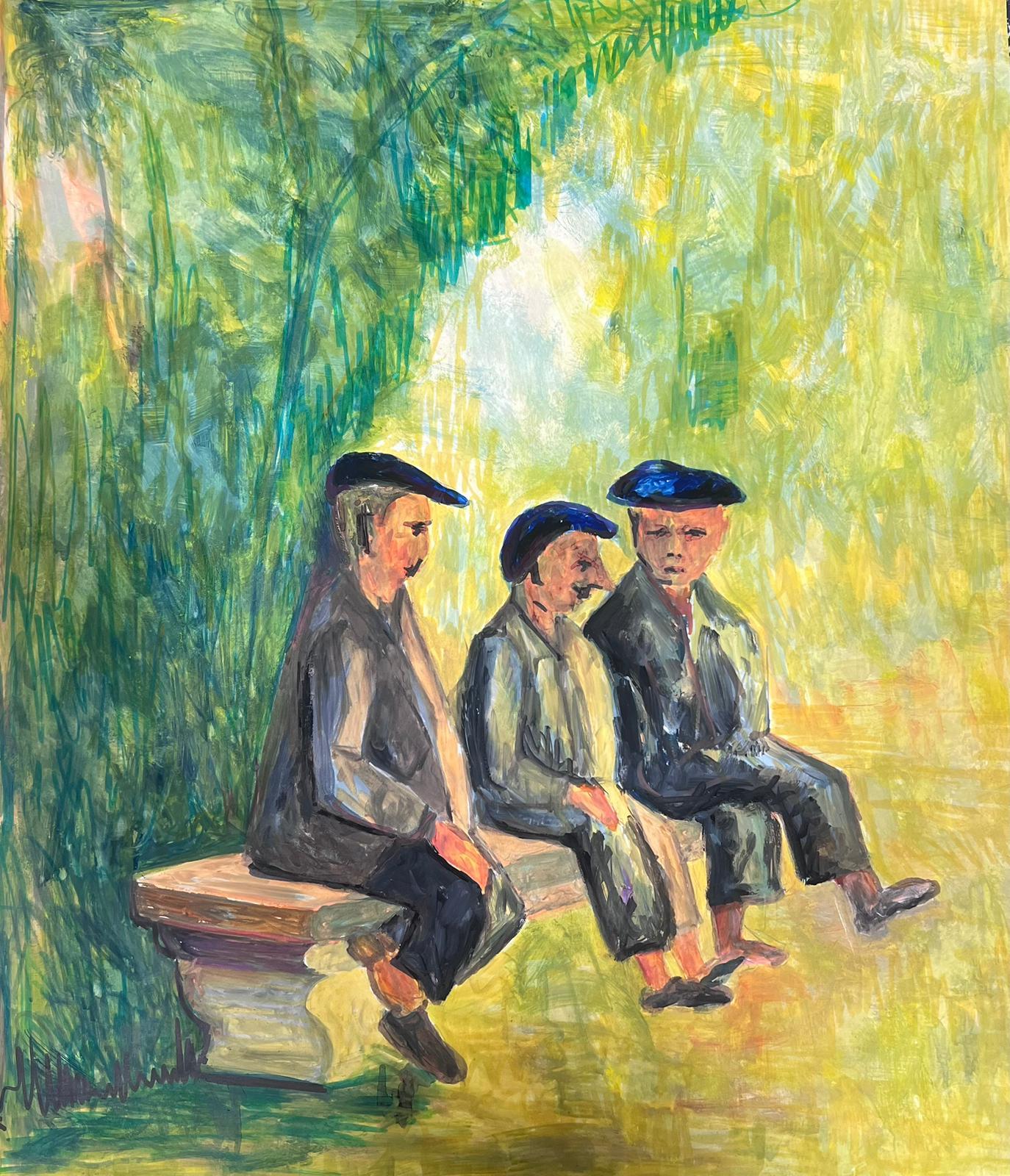 Bernard Labbe Figurative Painting – Französisches modernistisches Gemälde des 20. Jahrhunderts, Gemälde Drei Männer in schwarzen Beret's auf Bank