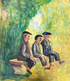 20th Century French Modernist Painting Three Men in Black Beret's on Bench