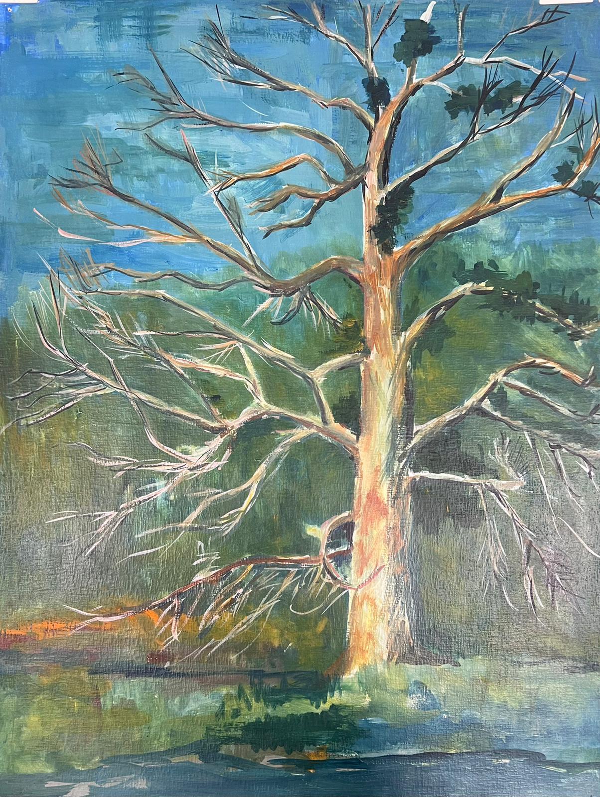 Peinture moderniste du 20ème siècle - Grand arbre dénudé au-dessus d'un paysage de banque de rivières - Painting de Bernard Labbe