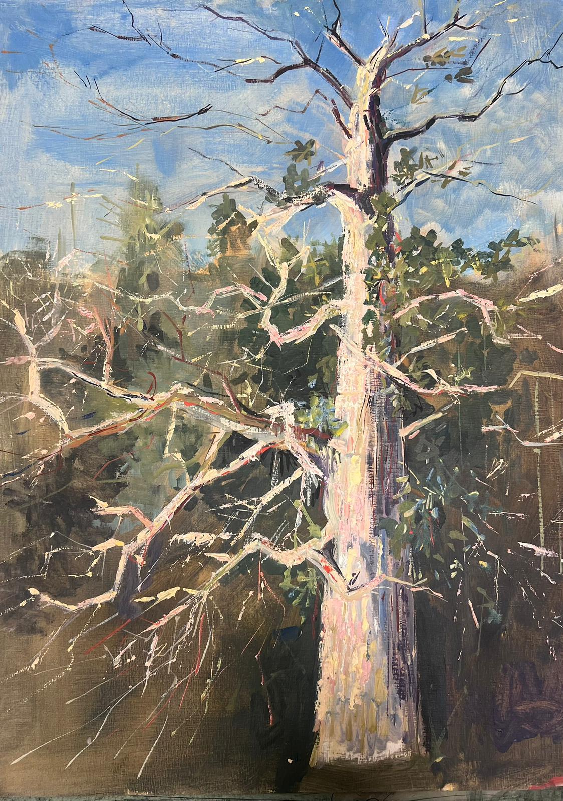 Modernistisches Gemälde des 20. Jahrhunderts Bare Tall Tree Over River Bank Landschaft – Painting von Bernard Labbe