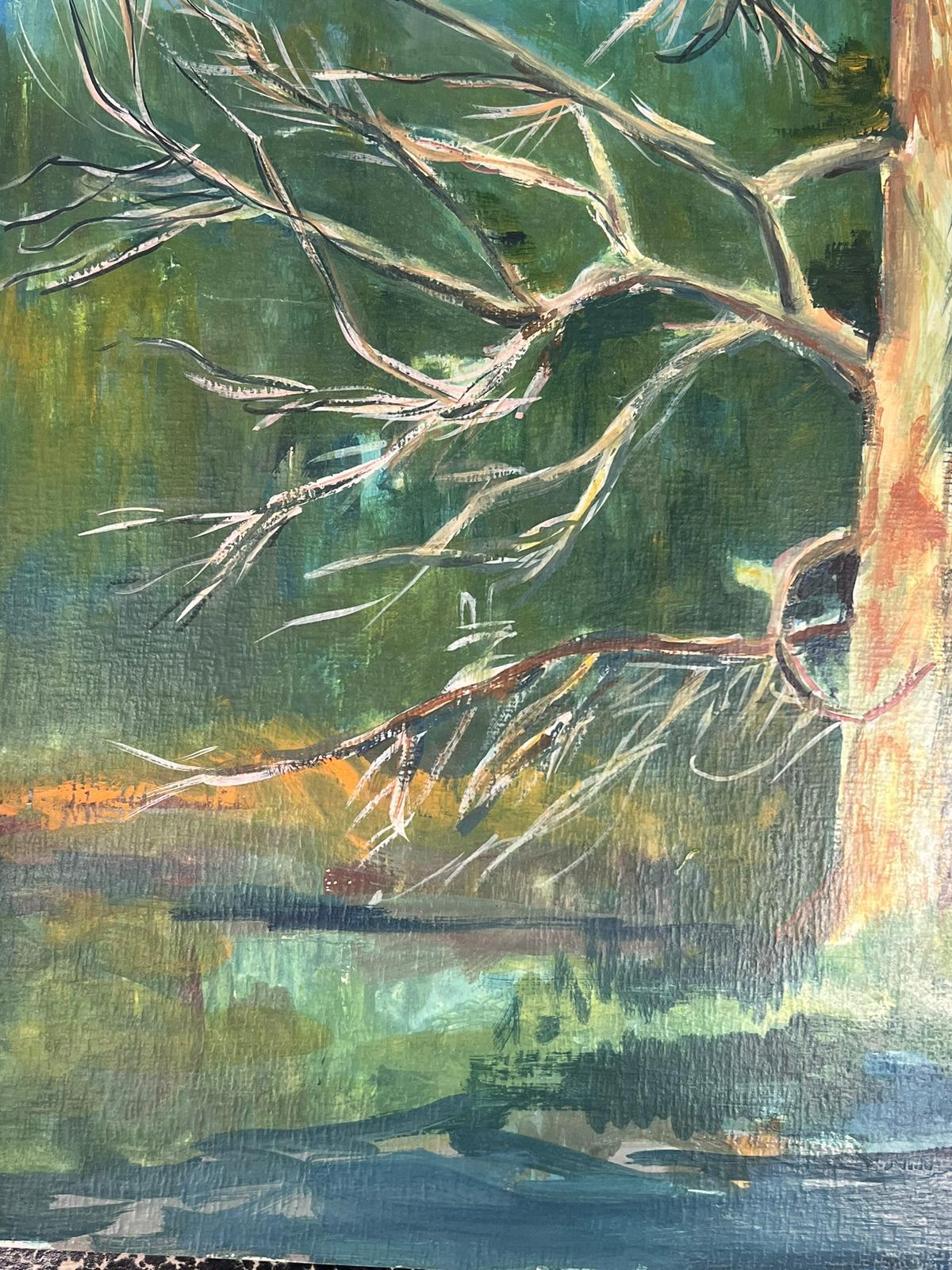 Peinture moderniste du 20ème siècle - Grand arbre dénudé au-dessus d'un paysage de banque de rivières - Moderne Painting par Bernard Labbe