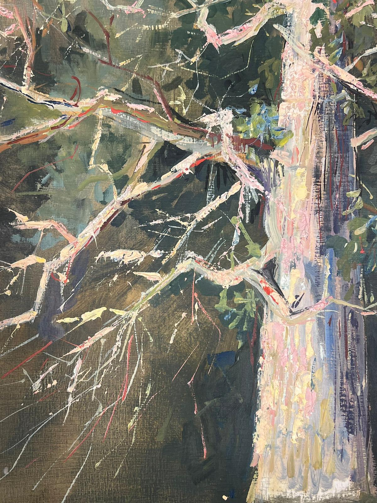 Peinture moderniste du 20ème siècle - Grand arbre dénudé au-dessus d'un paysage de banque de rivières - Moderne Painting par Bernard Labbe