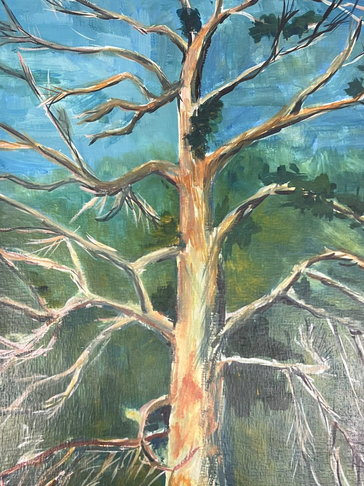 Peinture moderniste du 20ème siècle - Grand arbre dénudé au-dessus d'un paysage de banque de rivières en vente 1