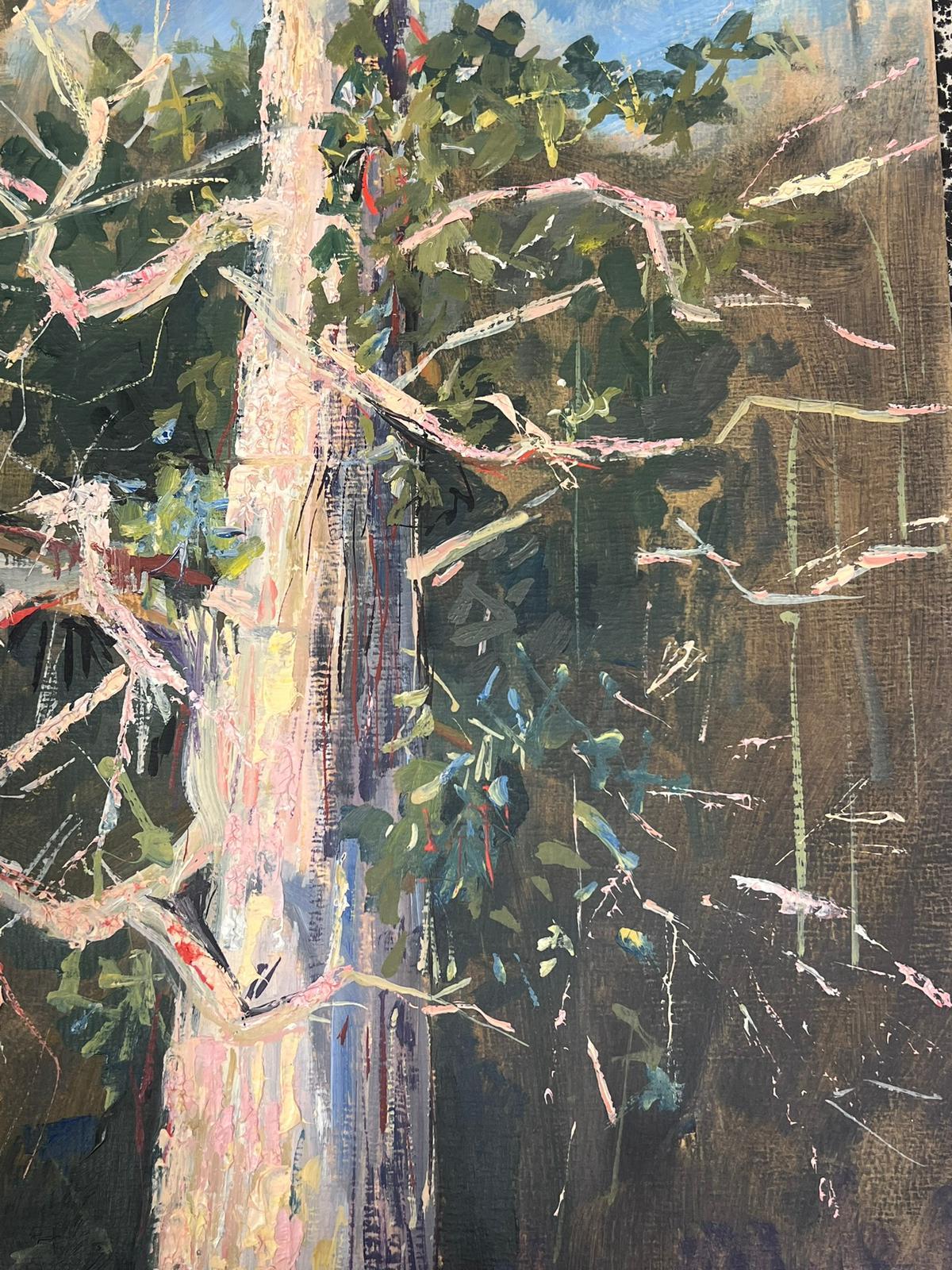 Modernistisches Gemälde des 20. Jahrhunderts Bare Tall Tree Over River Bank Landschaft im Angebot 1