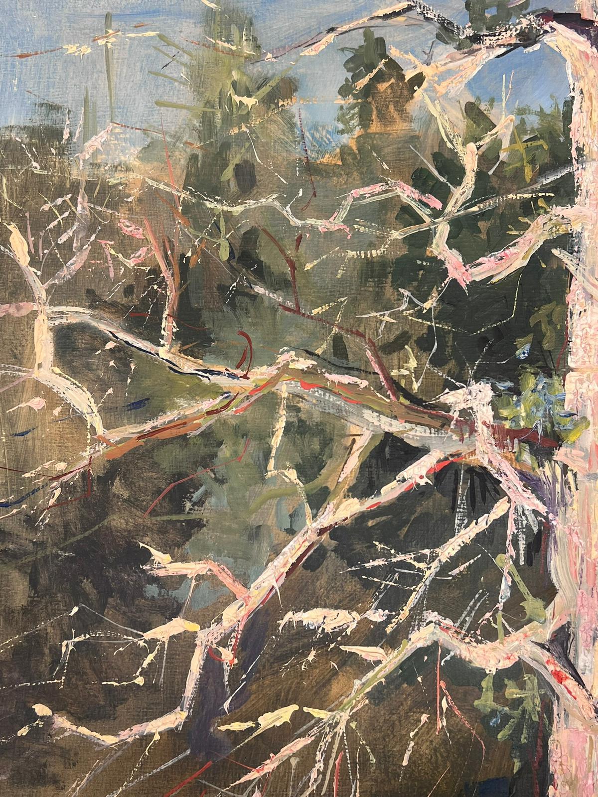 Modernistisches Gemälde des 20. Jahrhunderts Bare Tall Tree Over River Bank Landschaft im Angebot 2