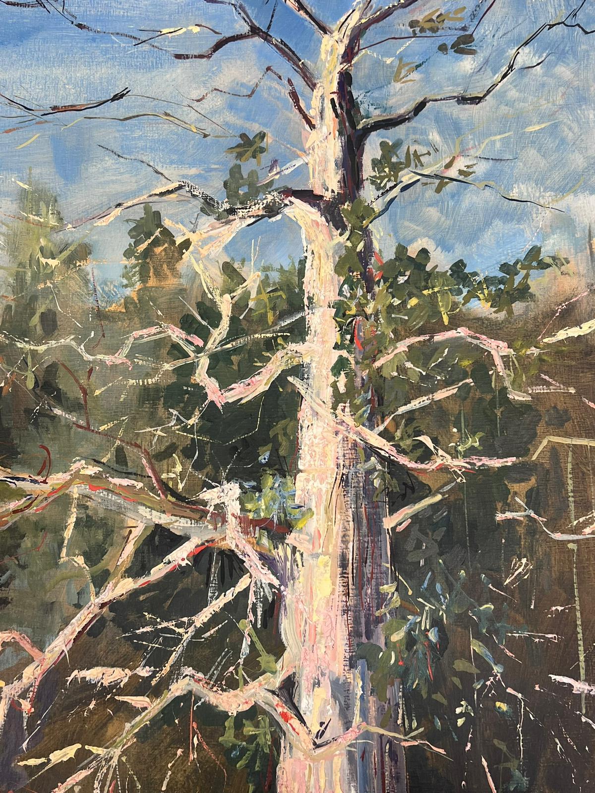 20th Century Modernist Painting Bare Tall Tree Over River Bank Landscape For Sale 5