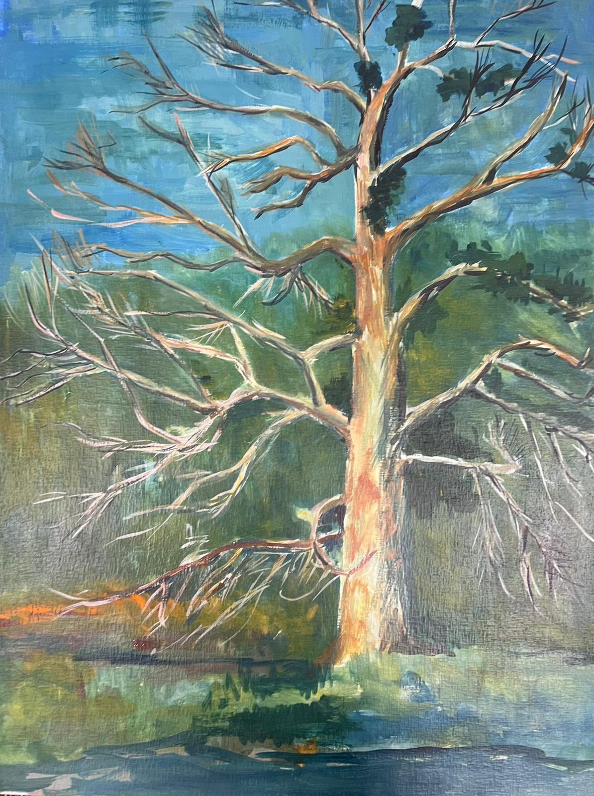 Landscape Painting Bernard Labbe - Peinture moderniste du 20ème siècle - Grand arbre dénudé au-dessus d'un paysage de banque de rivières