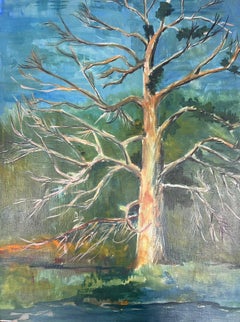 20th Century Modernist Painting Bare Tall Tree Over River Bank Landscape