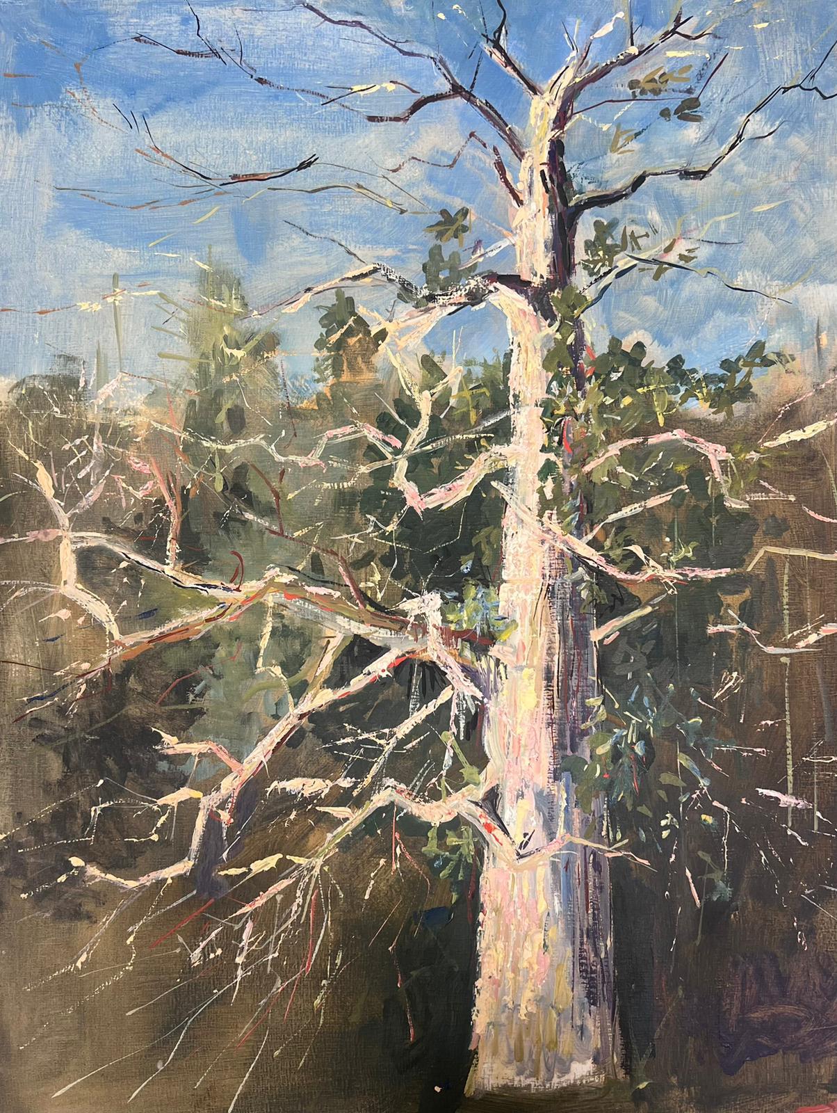 Bernard Labbe Landscape Painting – Modernistisches Gemälde des 20. Jahrhunderts Bare Tall Tree Over River Bank Landschaft