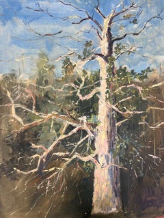 Peinture moderniste du 20ème siècle - Grand arbre dénudé au-dessus d'un paysage de banque de rivières