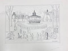 20th Century Modernist Painting Black and White Figures In The Park