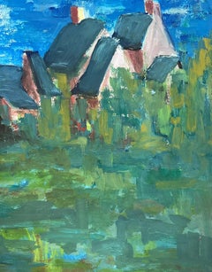 Pittura modernista del XX secolo Edifici dai tetti blu in campi dal cielo blu brillante