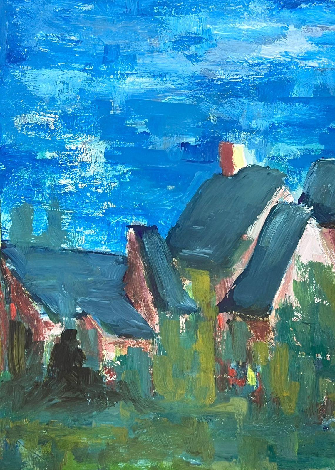 Modernistisches Gemälde des 20. Jahrhunderts, Blaue Dachgebäude in leuchtend blauen Himmelsfeldern (Moderne), Painting, von Bernard Labbe