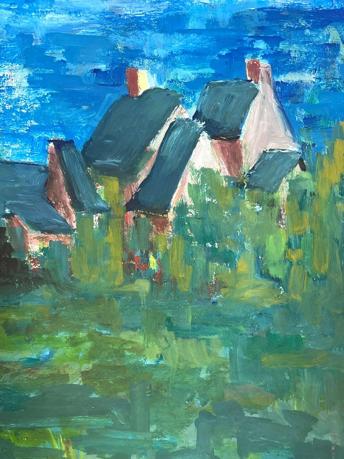 20th Century Modernist Painting Blue Roof Buildings In Bright Blue Sky Fields For Sale 2