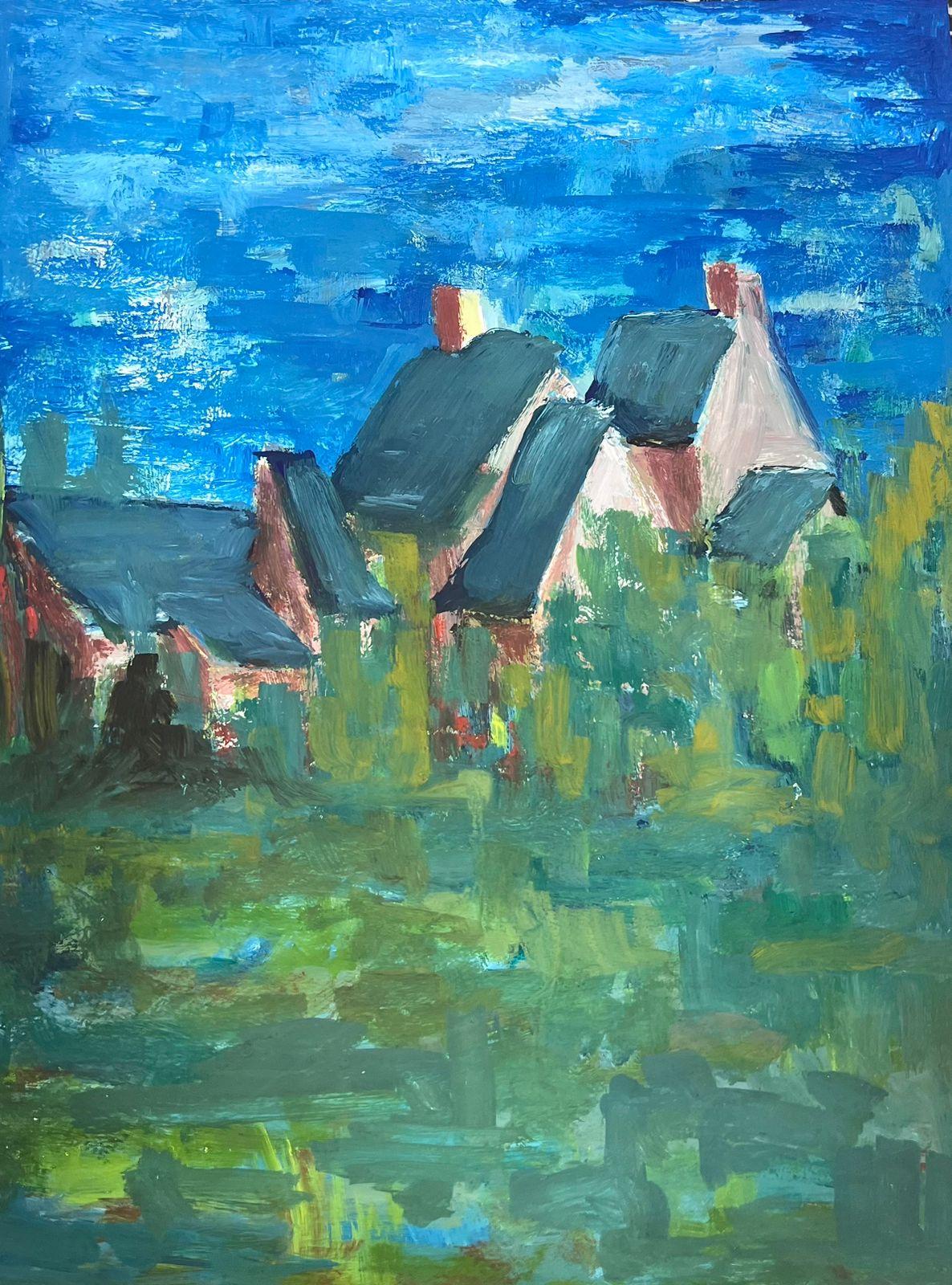 Peinture moderniste du 20e siècle représentant des bâtiments à sabots bleus dans des champs de ciel bleu vif en vente 1