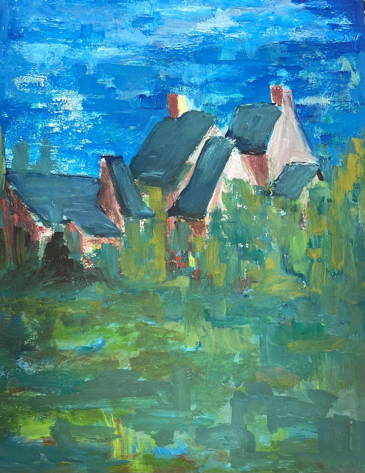 Landscape Painting Bernard Labbe - Peinture moderniste du 20e siècle représentant des bâtiments à sabots bleus dans des champs de ciel bleu vif