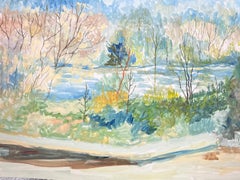 20th Century Modernist Painting Path Along The Tall Tree River Bank
