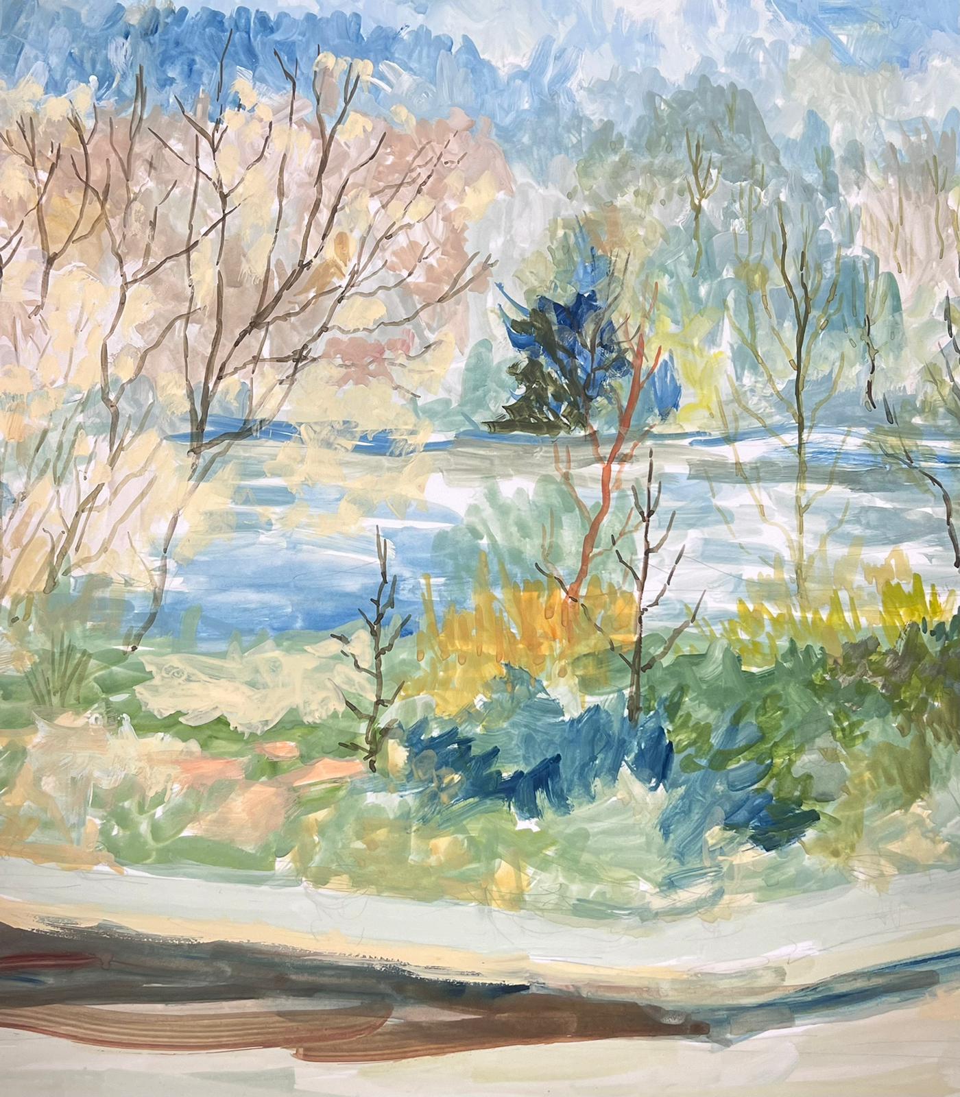 20th Century Modernist Painting Path Along The Tall Tree River Bank For Sale 3