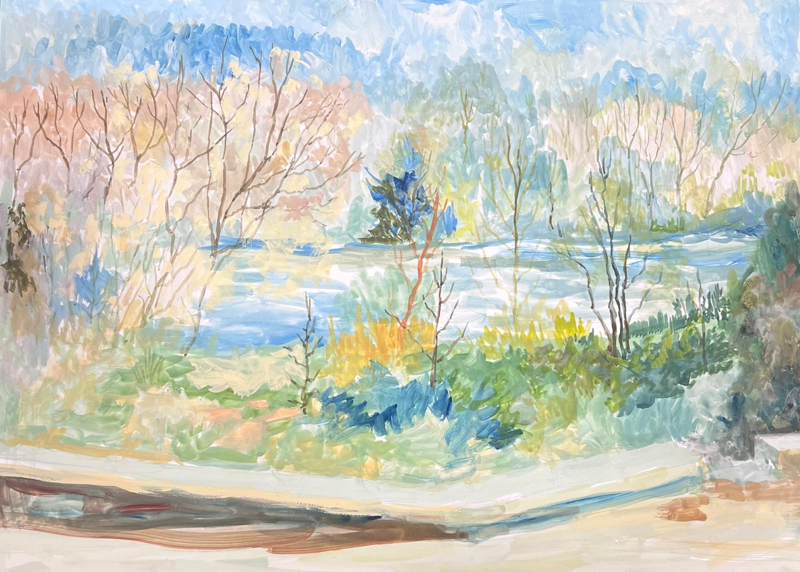 20th Century Modernist Painting Path Along The Tall Tree River Bank