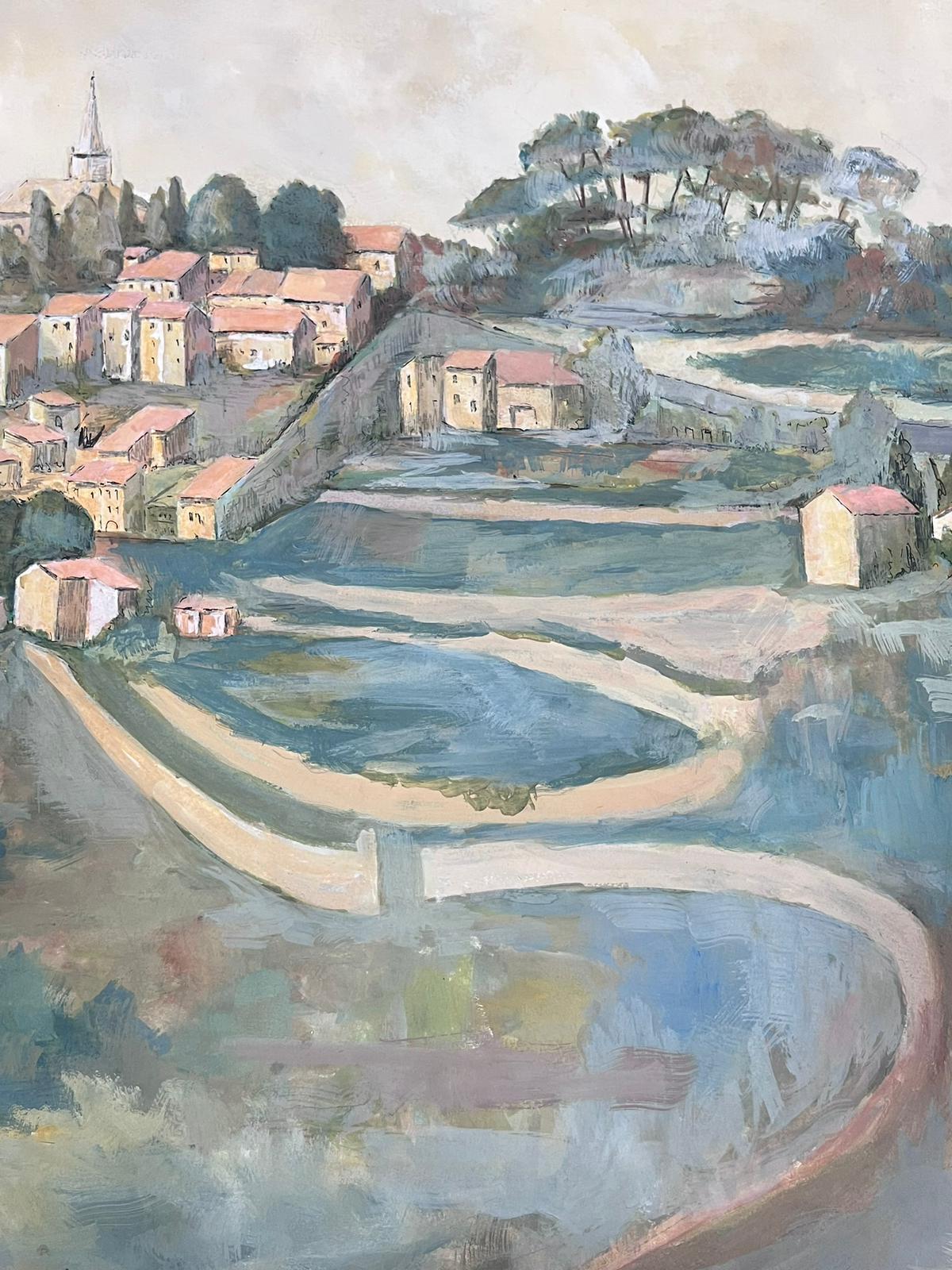 20th Century Modernist Painting Red Roof Village On Hill Side Landscape For Sale 4