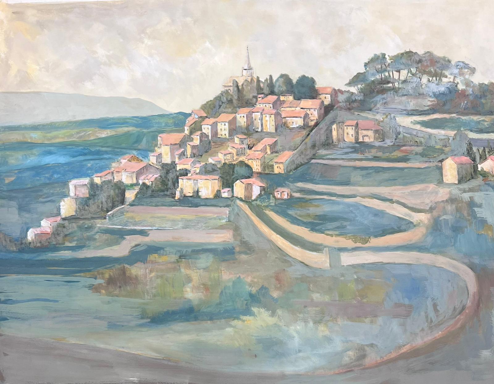 20th Century Modernist Painting Red Roof Village On Hill Side Landscape