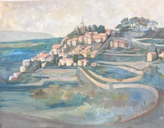 Peinture moderniste du 20ème siècle - Village à sabot rouge sur paysage d'une colline
